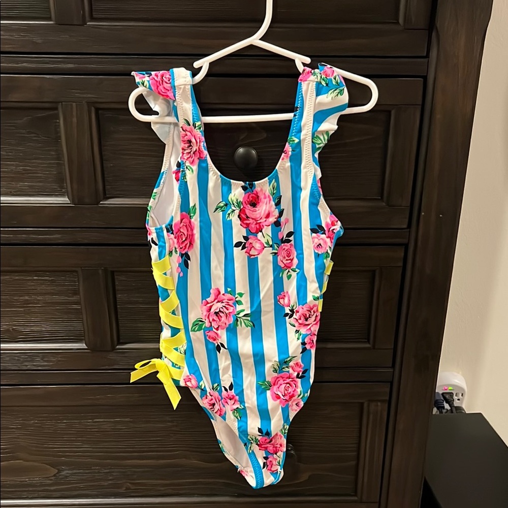 Floral Striped Kids Swimsuit - Blue and Pink